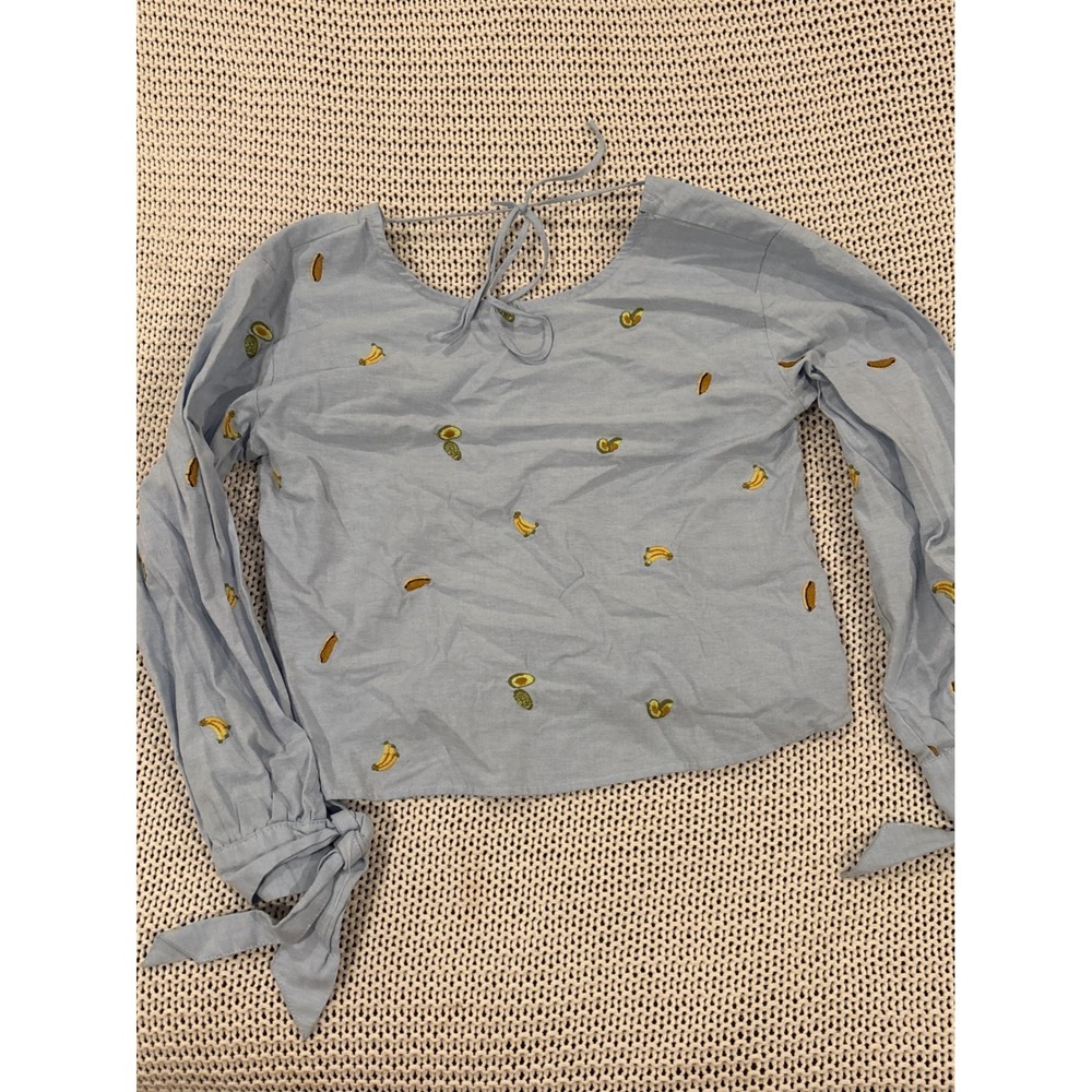 Rebellion Again Blue Embroidered Fruit Blouse Avocado Banana Tie Back Top XS